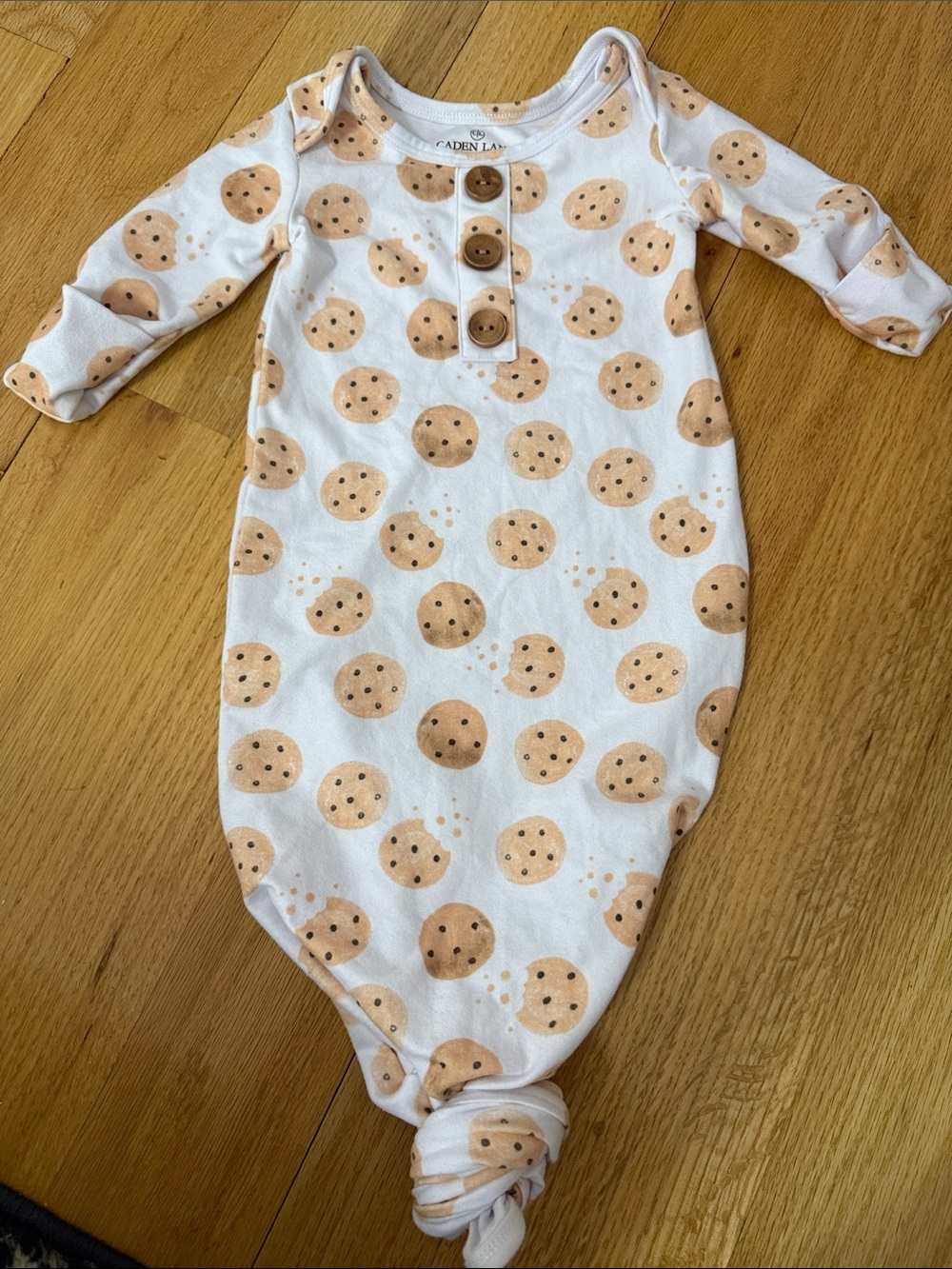 Caden Lane White Baby Gown with Tan Cookie Print